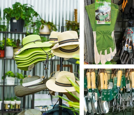 garden accessories hats, gloves and hand shovels and spades