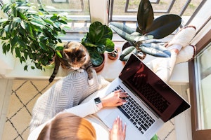 woman on computer sitting next to houseplants in window sill with cat pawing at her
