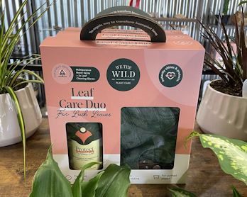 we the wild leaf care duo for lush leaves kit surrounded by healthy houseplants