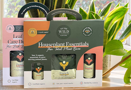 we the wild plant care for houseplants essentials and leaf care duo on table in front of houseplants