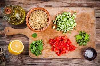tabbouleh salad ingredients on cutting board cucumber tomato summerwinds arizona