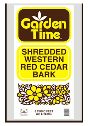 Packaging for GardenTime Shredded Western Red Cedar Bark.