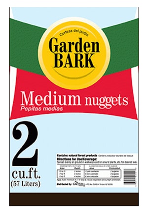 Packaging for GardenTime Garden Bark Medium Nuggets.