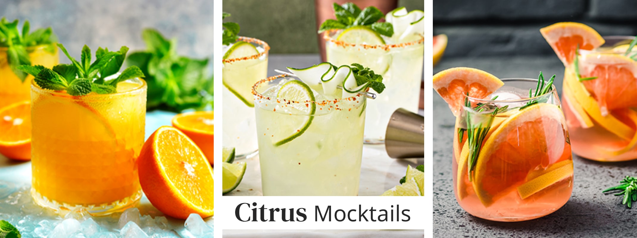 citrus mocktail drinks made with oranges, lime and grapefruit