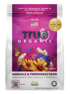 A bag of True Organic Annuals & Perennials Food.