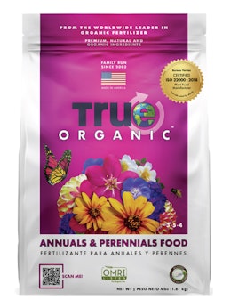 A bag of True Organic Annuals & Perennials Food.