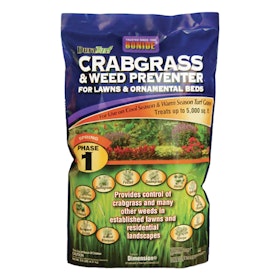 A bag of Bonide Dura Turf Crabgrass & Weed Preventer for Lawns & Ornamental Beds.
