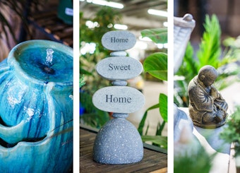 Blue Fountain, A Home Sweet Home stone sculpture, and a praying Buddha sculpture.