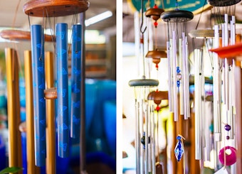 Blue butterfly wind chimes, and a variety of metal windchimes with beads.