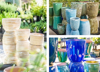 White textured pots; milky blue, green and textured earthy pots; bright green and blue pots.