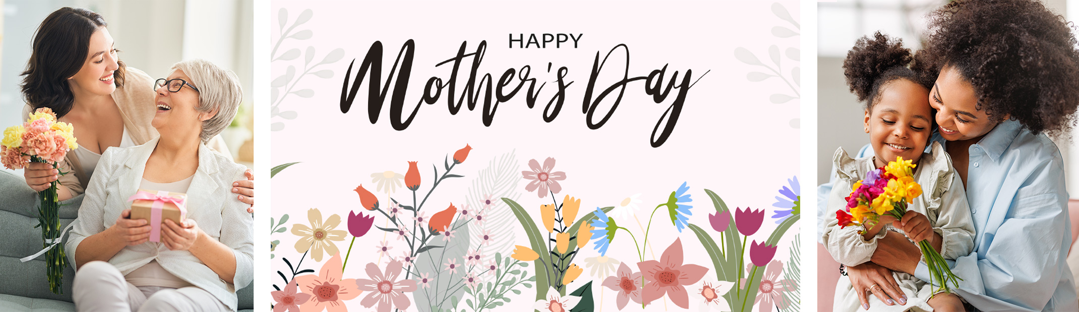 A Happy Mother's Day graphic with flowers sandwiched between two images of daugthers with their moms.