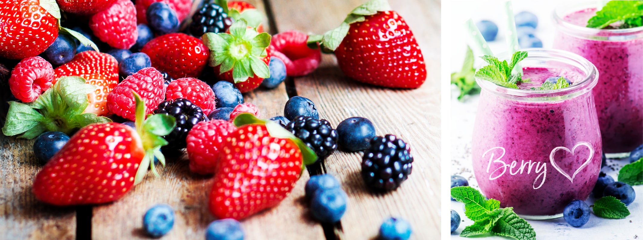 strawberries, blackberries, blueberries and raspberries on wooden table next to image of blueberry smoothie with berry love on the glass