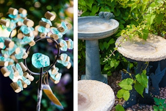 Wood, stone and metal garden art sculpture, and 3 different bird baths.