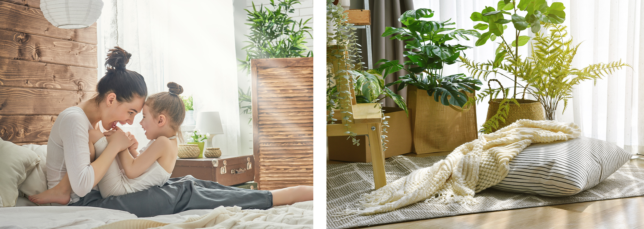 A mom and child in bedroom with plants, and a cushion and blanket on a rug near a window and many houseplants.