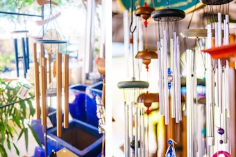 2 pictures with a variety of windchimes.