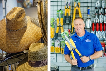 Gardening hats, and a SummerWinds associate showing gardening handtools.