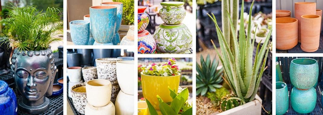 A wide variety of outdoor planters at pots available at SummerWinds Nursery.