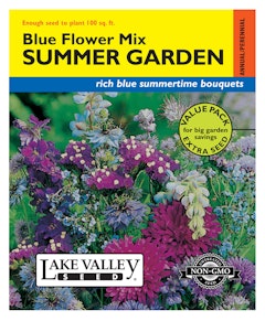 A packet of Blue Flower Mix Summer Garden flower seeds from Lake Valley Seed.