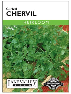 A packet of heirloom curled chervil seeds from Lake Valley Seed.