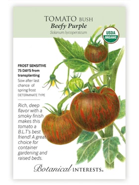 Beefy Purple Bush Tomato - Botanical Interests A packet of Beefy Purple Bush Tomato Seeds from Botanical Interests.