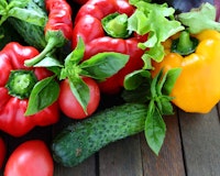 summer vegetables peppers, cucumbers, tomatoes on table