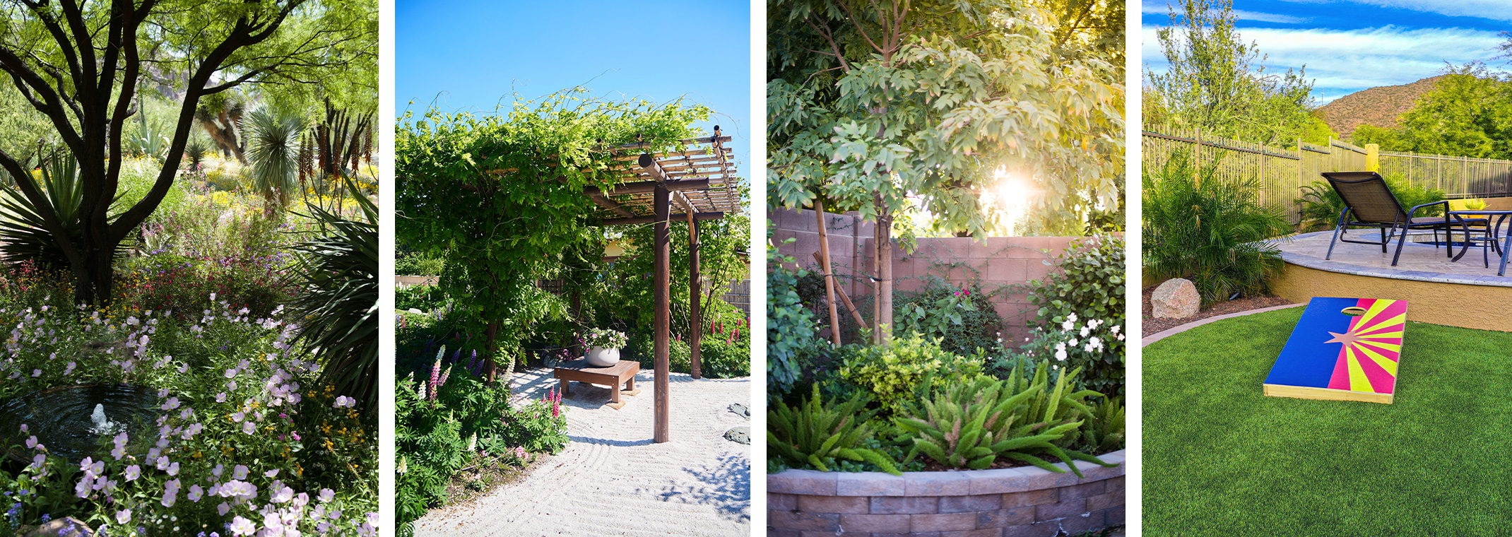 4 images of different microclimates: trees, flowers and shrubs, a pergola with vine growing above and flowers and trees nearby, a raised garden with shrubs, flowers and trees, and a small lawn with a cornhole game, trees, shrubs, and patio nearby.