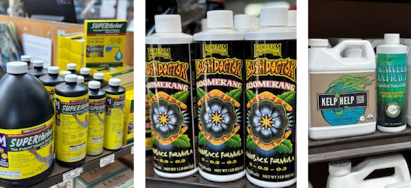 SUPERthrive, Boomerang, Kelp Help, Seaweed Extract, and Fish Emulsion with Kelp.