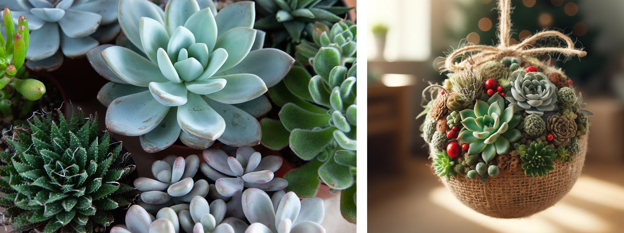 holiday succulent ornament selection of succulents and the finished product of the ornament ball with succulents