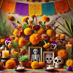 dia de los muertos ofrenda or alter with marigolds, succulents, sugar skull