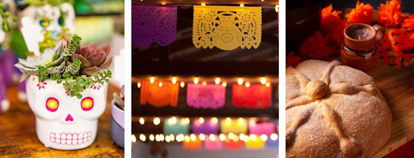 sugar skull planter, papel picado and pan de nuerto bread of the dead dia de los muertos