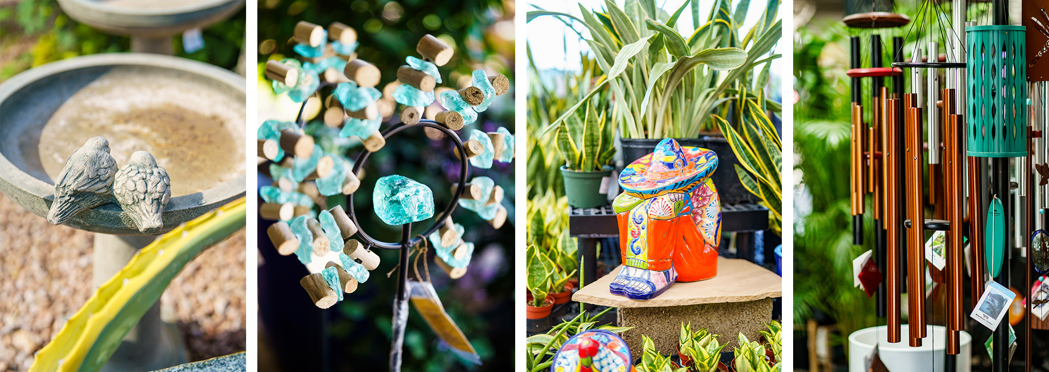 A stone birdbath; a wood, metal and glass sculpture, a Talavera sculpture of a person resting with a hat on, and a variety of wind chimes.