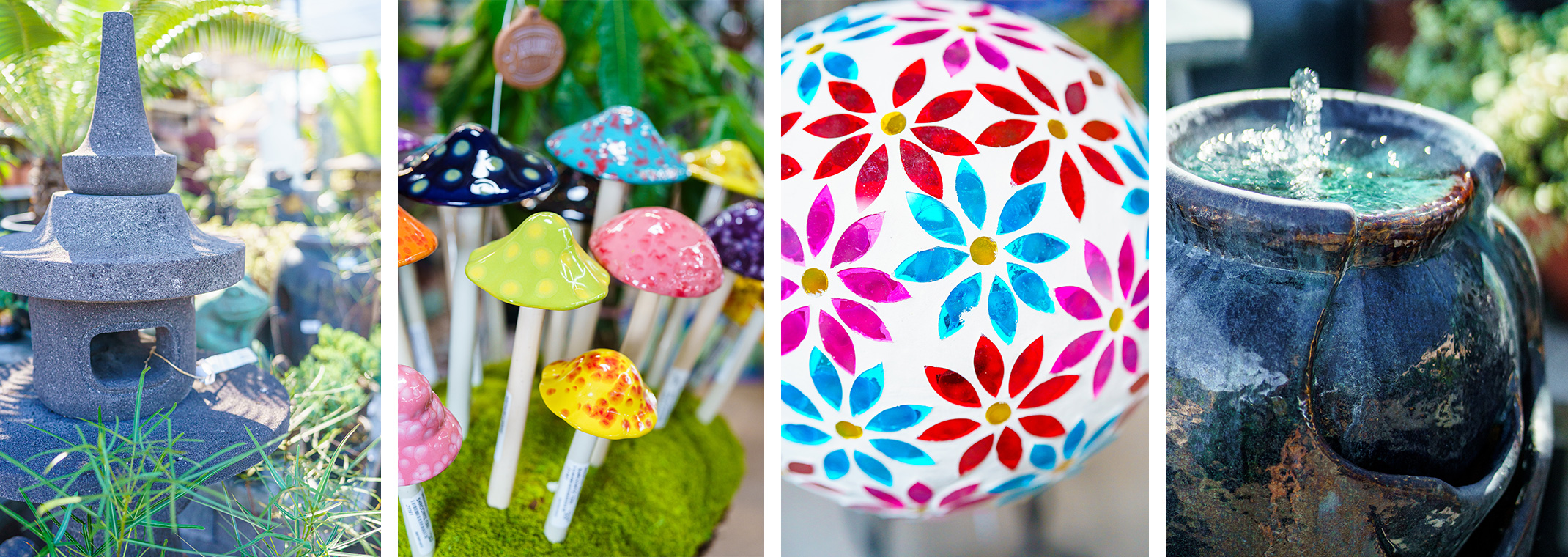 A asian-inspired stone scultpure, colorful ceramic shroomyz (mushrooms), a ceramic gazing ball with flower pattern, and a blue ceramic fountain.