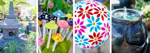 A asian-inspired stone scultpure, colorful ceramic shroomyz (mushrooms), a ceramic gazing ball with flower pattern, and a blue ceramic fountain.