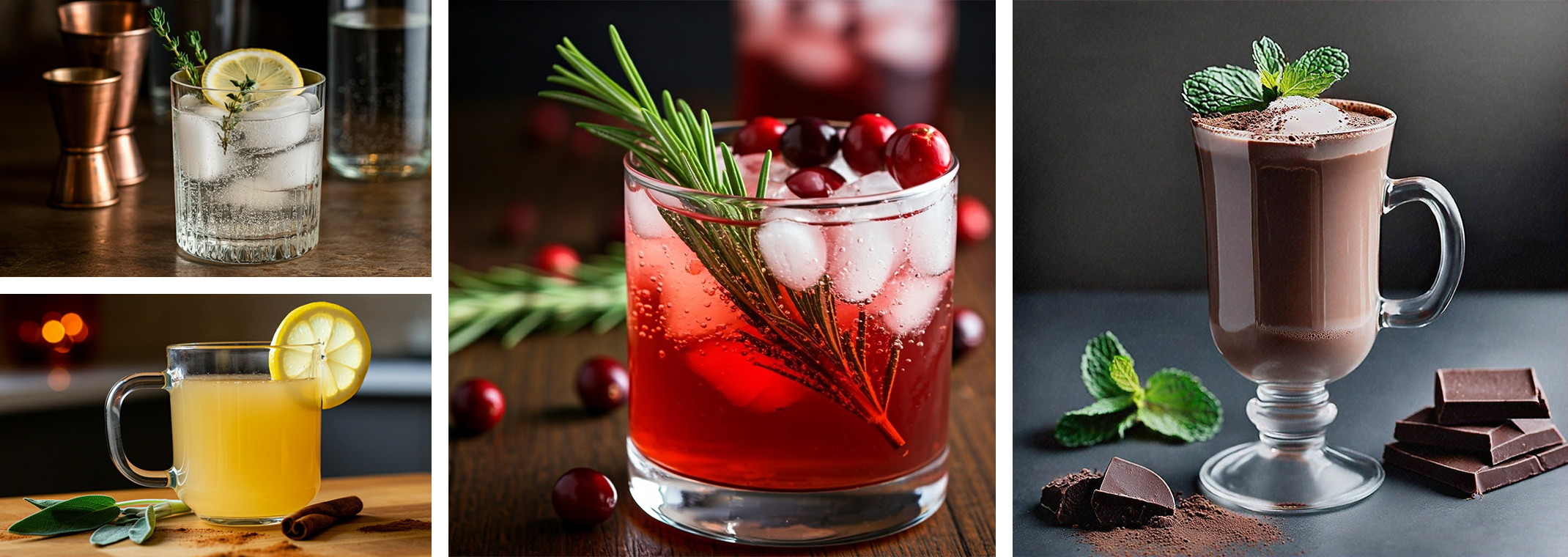 4 different holiday-inspired drinks made with fresh herbs.