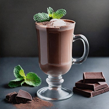 A glass of Mint Hot Chocolate on a table with choclate pieces and fresh mint leaves.