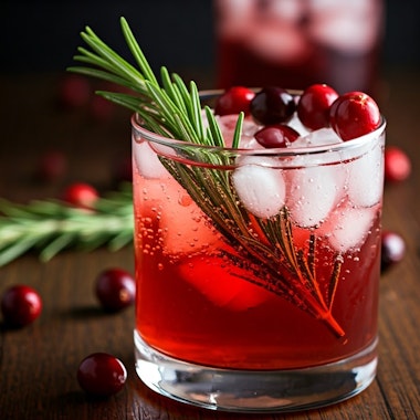 A glass of a Rosemay Cranberry Sparkler drink on a table.