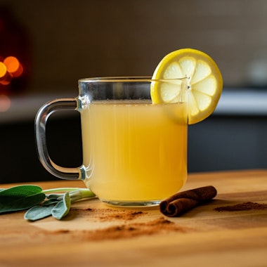 A glass of Sage Apple Cider on a wooden table.