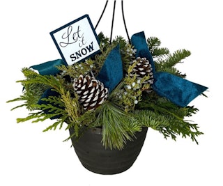 holiday inspired fernhill snow hanging basket with tag that says let it snow