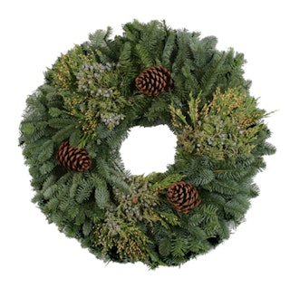 holiday decor mixed noble wreath with mixed greens and pinecones