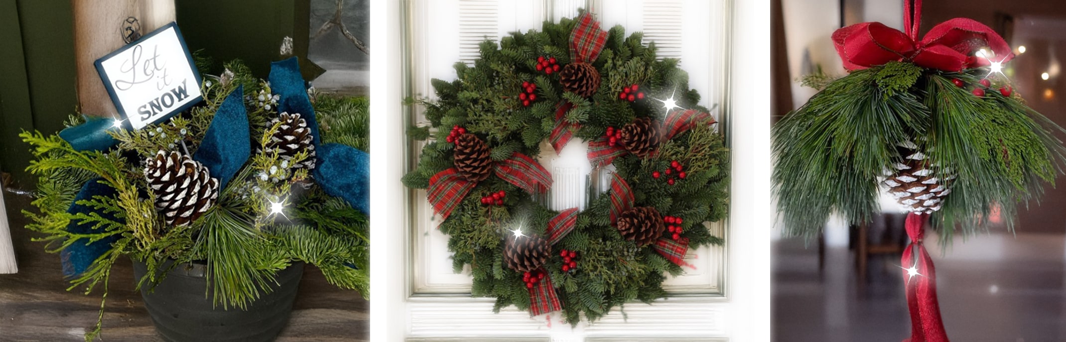fernhill holiday greens baskets, wreaths and hanging decor