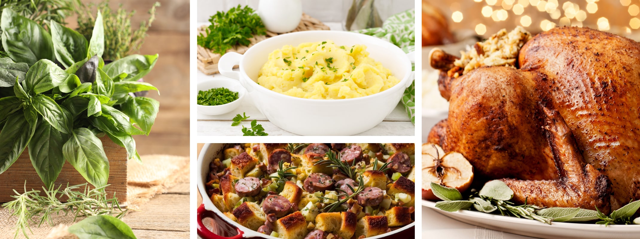 holiday dinner made with fresh herbs like stuffing, turkey and mashed potatoes