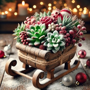 sleigh planted with succulents and santa peaking out from behind