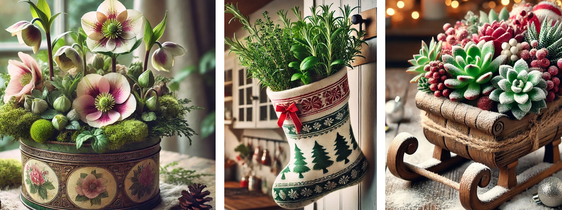 vintage tin with helleborus, stocking full of fresh herbs, sleigh with succulents