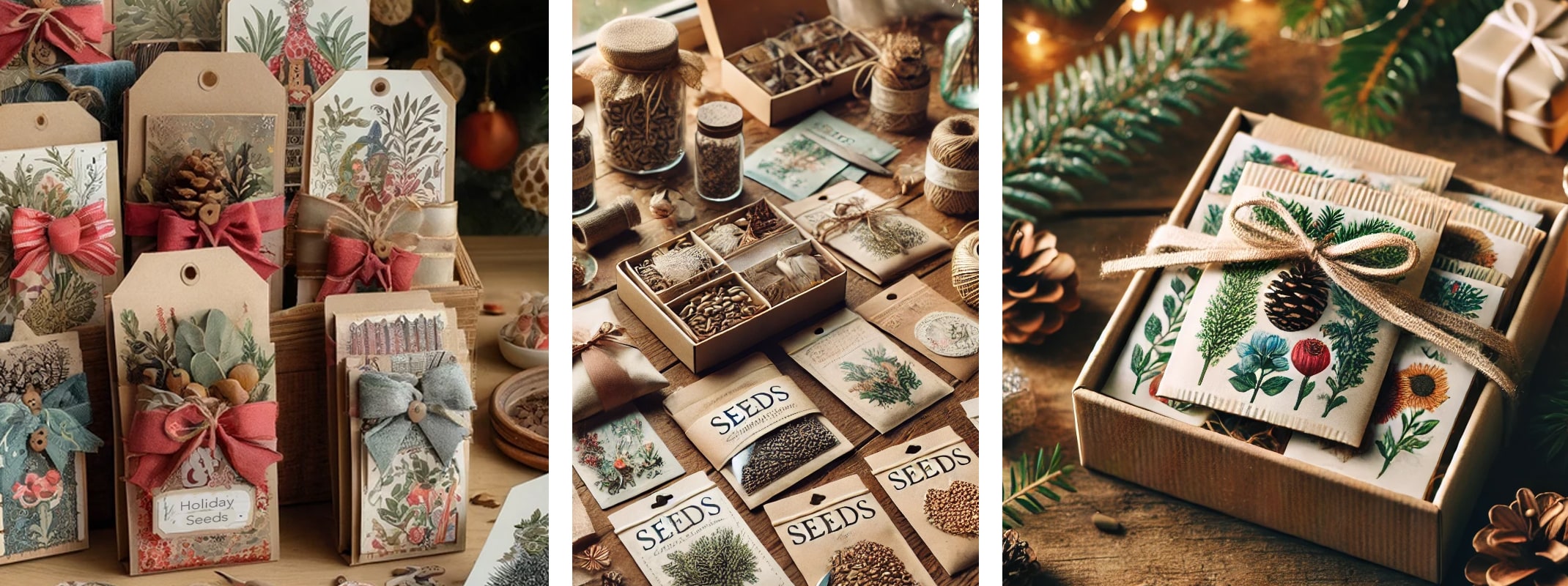seeds in packets scattered on table to create holiday gift and gift created