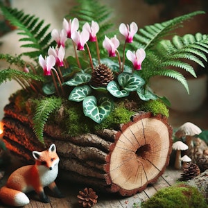 holiday log planter with cyclamen and ferns