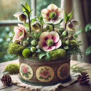 vintage tin planter with helleborus and moss