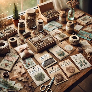seeds in packets scattered on table to create holiday gift