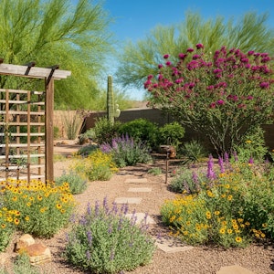 A variety of desert-friendly plant in a Southwest backyard with a wooden pergola and natural stone pathway.