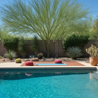 Desert pool and yoga area. A pool in the Southwest with an area nearby for yoga.