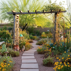 A whimsical cottage core garden with a path, pergola and a variety of plants and garden decor accents.